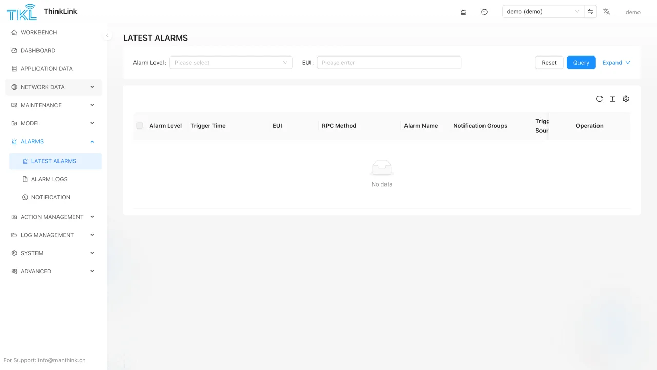 ThinkLink alarm management list
