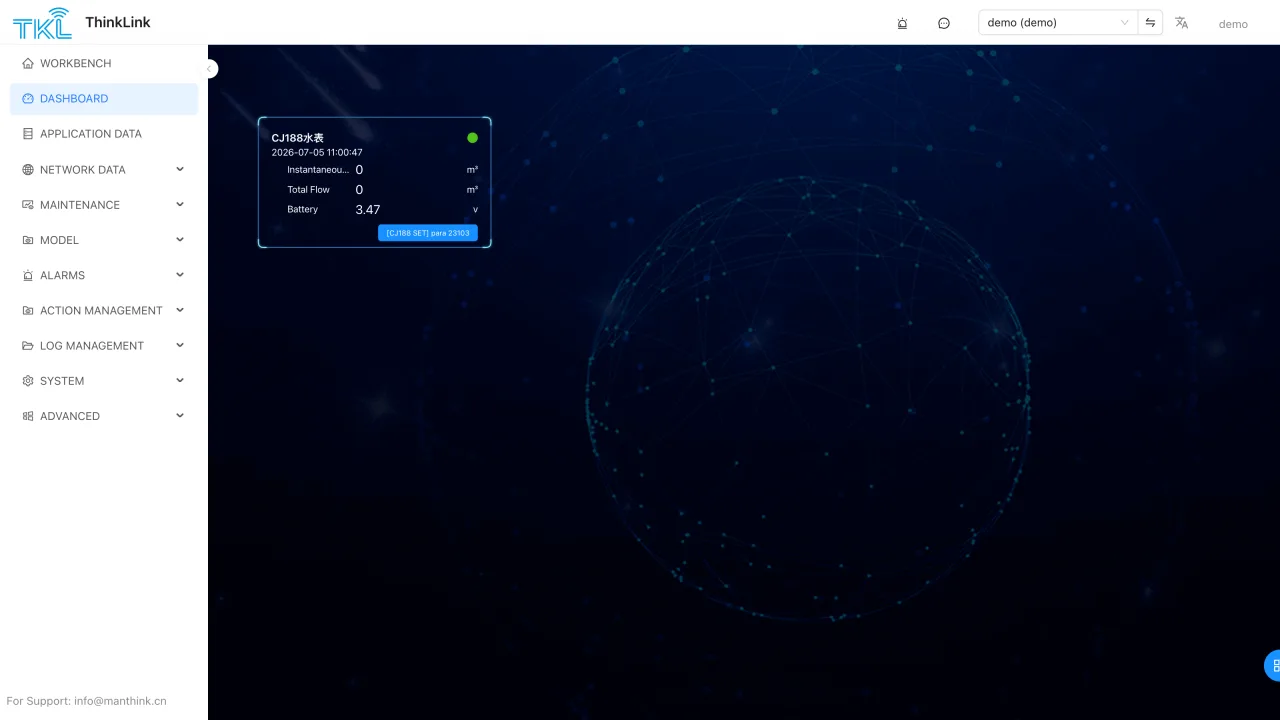 ThinkLink dashboard showing live device metrics and a control action
