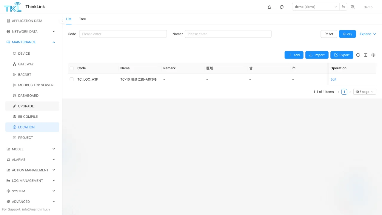 ThinkLink location management with list and hierarchy-tree views