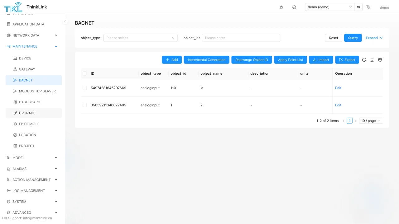 ThinkLink BACnet object management and point-list interface