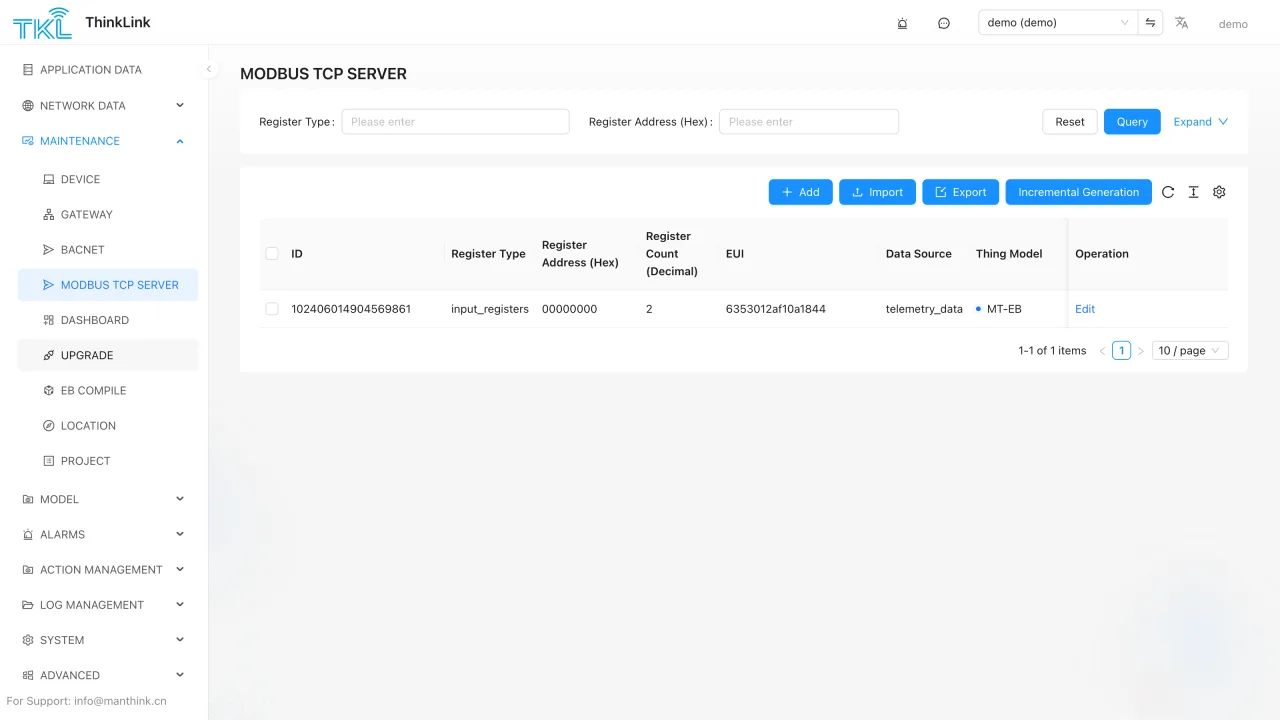 ThinkLink Modbus TCP register mapping list