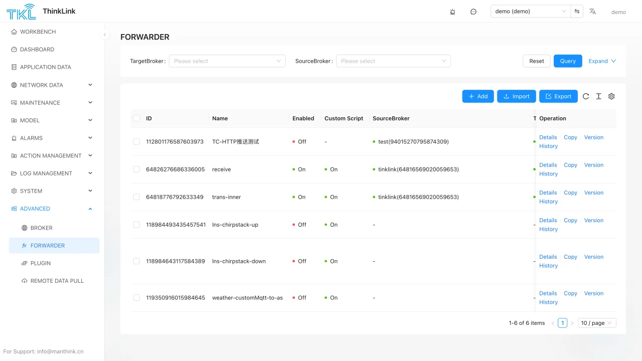 ThinkLink MQTT forwarding script interface with JavaScript transformation and version details
