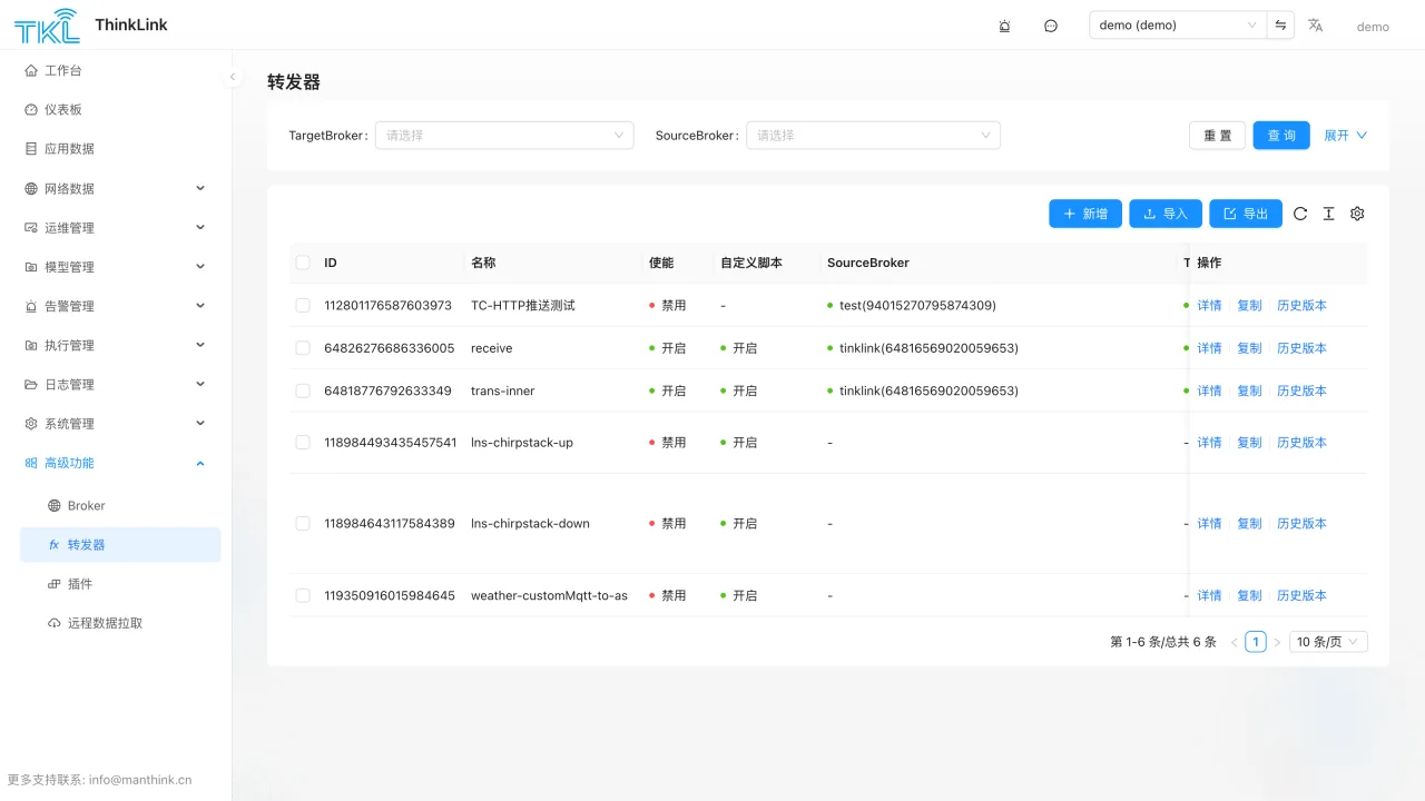 ThinkLink MQTT 转发脚本管理界面,显示 JavaScript 转换规则与版本信息